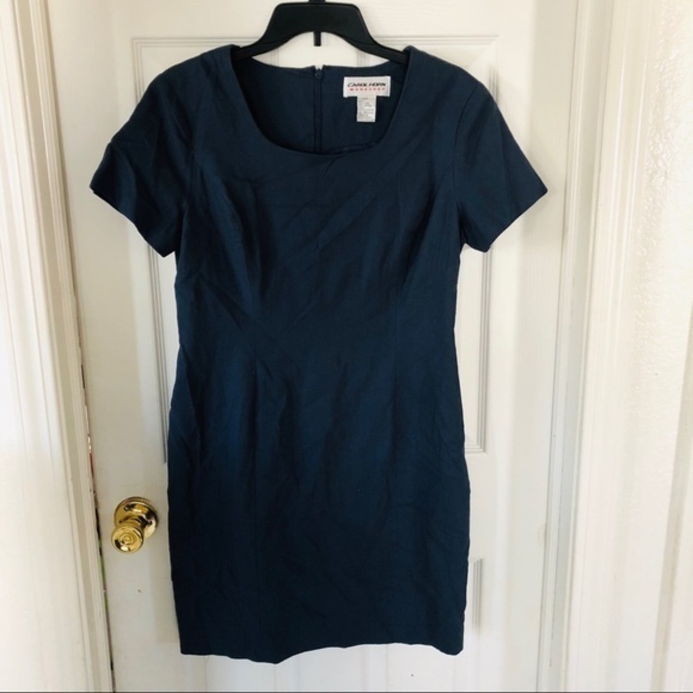 VINTAGE CAROL HORN linen cotton blend navy short sleeve summer dress size 10P